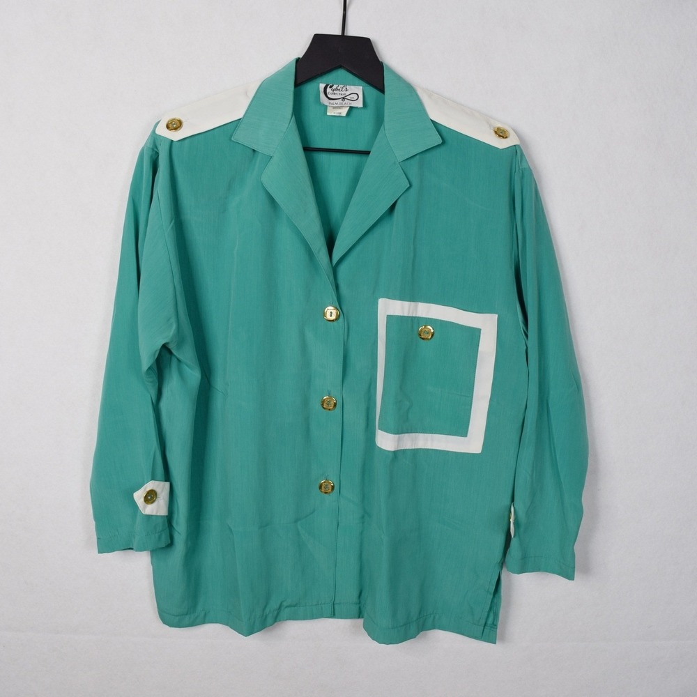 Vintage 80s Palm Beach Blouse Womens‎ Medium Top Teal White Trim Gold Buttons
